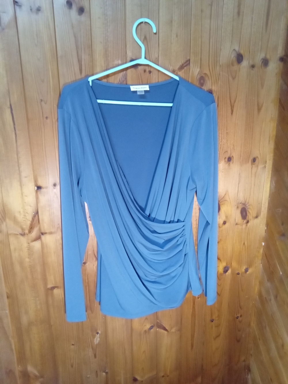 Calvin Klein Slate Blue Draped V-Neck Long Sleeve Top